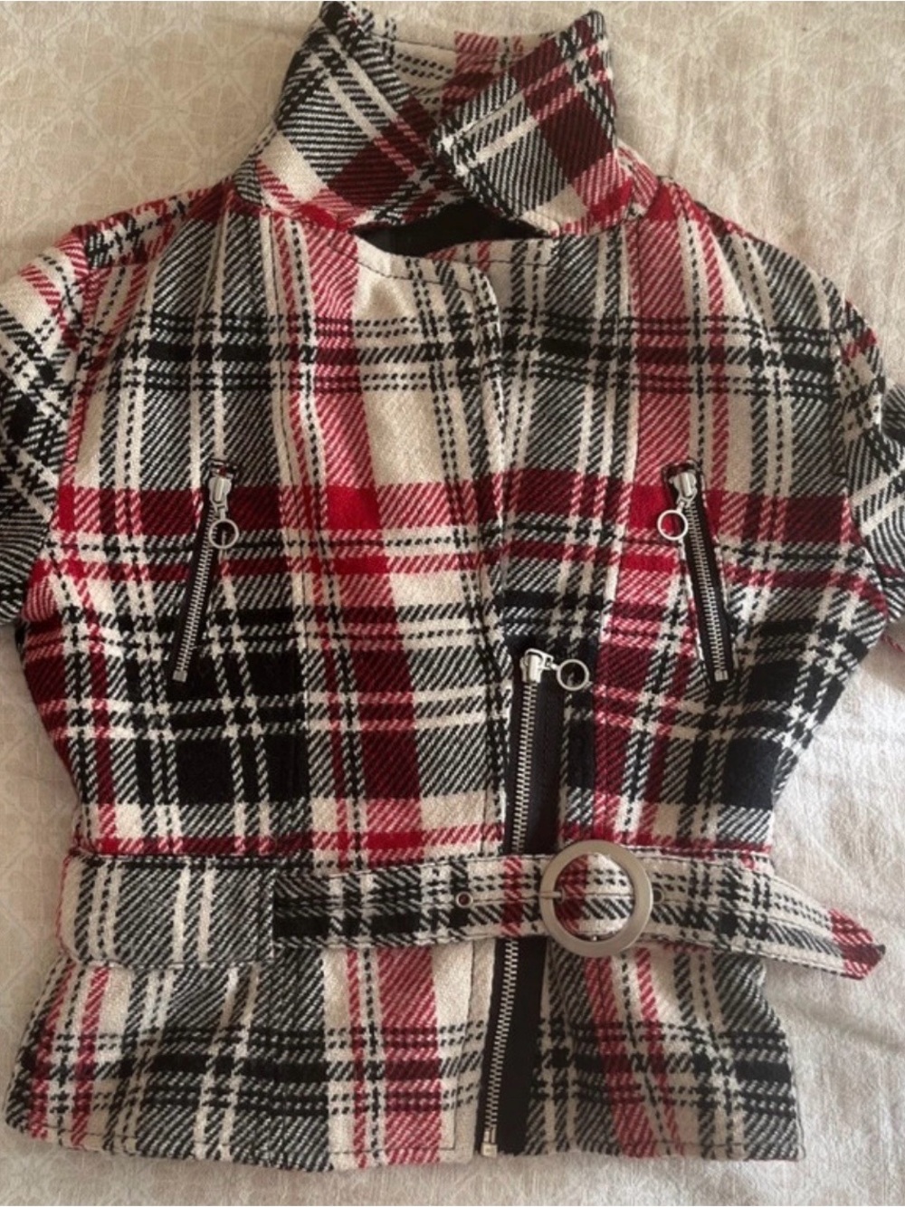Express Plaid Belted Peacoat in Red, Black & White